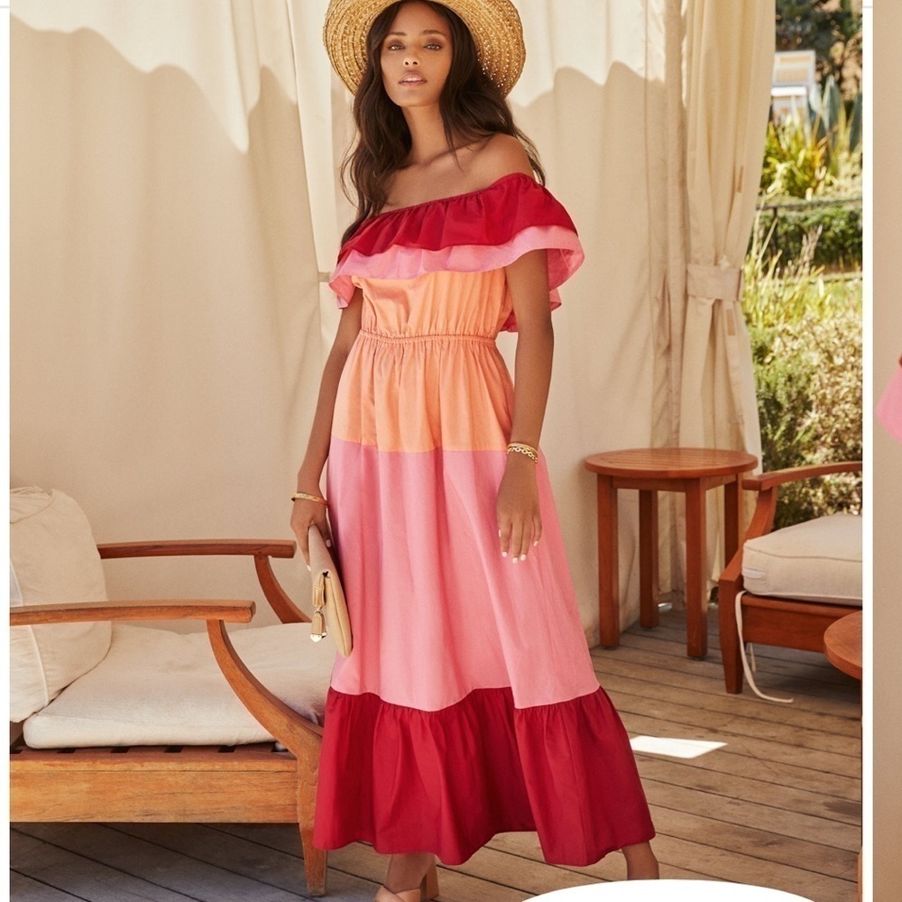 English Factory Pink, Orange, Red Off the Shoulder Maxi Dress